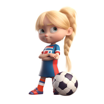 3D rendering of a little girl with a soccer ball isolated on white background