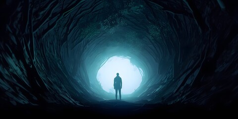 Staring into the abyss. Light at the end of the tunnel. Abstract silhouette background wallpaper - obrazy, fototapety, plakaty