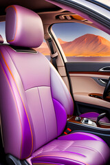 The leather interior of the car is in purple. Generative AI.