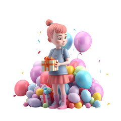 Fototapeta na wymiar Little girl with a gift and balloons on a white background. 3d rendering.
