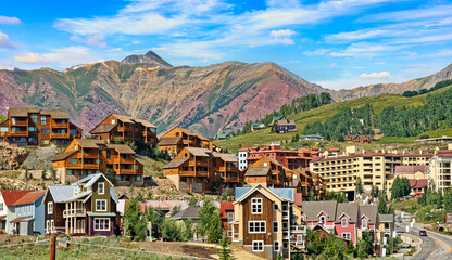 Vacation condominiums line the hillsides in the Colorado resort town of Crested Butte