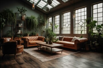 Enhance home with cozy epoxy couches, greenery, and earthy accents. Generative AI