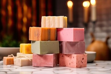 Bars of colorful handmade soap with herbs and flowers. Natural soap concept. AI generated.