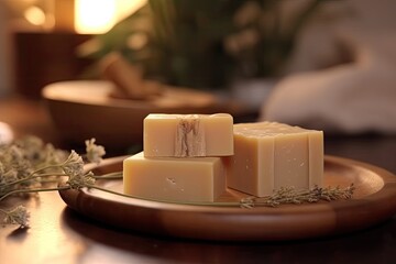 Three bars of natural handmade soap with flowers and herbs, close-up. Generated by AI.