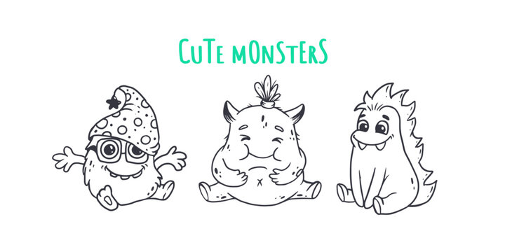 Set of cute cartoon monsters.Funny characters on white background.Icon monster.Doodle style.Alien.Vector