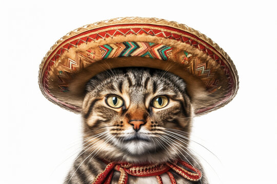 Cheerful illustration, the cat wears a Mexican sombrero. Isolated on white background. AI generated. AI generative.