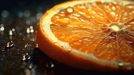 Fresh oranges and orange pieces with water drops decorating the surface