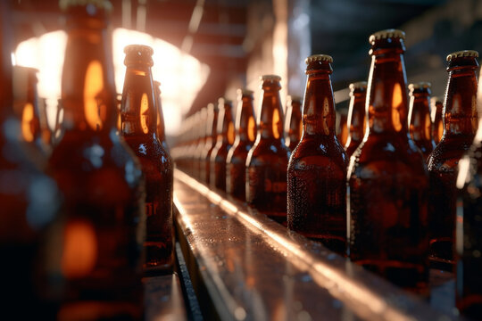 The production line of the brewery. Bottling beer. Glass bottles on the conveyor. AI generated.