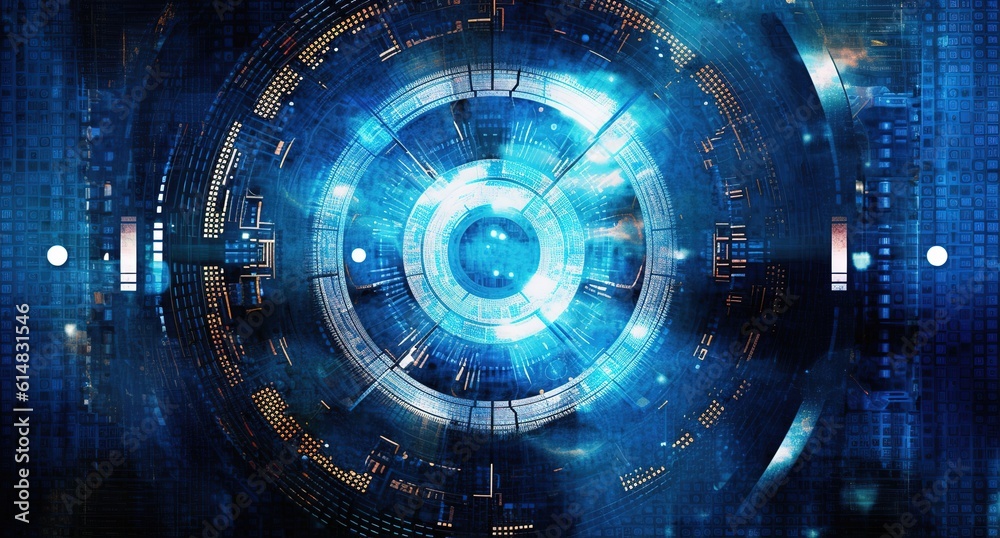 Poster abstract style on a blue background. display in futuristic cyberpunk style...