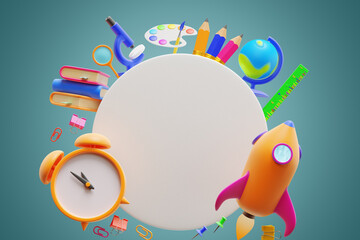Back to school. Big empty circle, education learning elements, alarm clock and rocket. 3d rendering