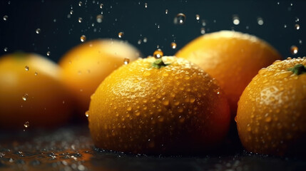 Fototapeta na wymiar Fresh oranges and orange pieces with water drops decorating the surface
