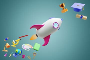 Back to school Rocket cartoon and educational items. 3d rendering