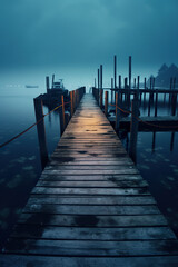 Obraz premium Beautiful natural view with lake. Old wooden dock on lake. Wooden bridge on the tropical beach summer background. Realistic 3D illustration. Generative AI