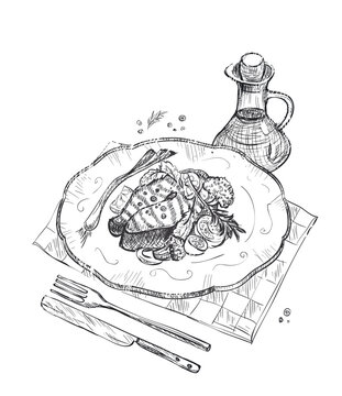 Graphic illustration of a grilled salmon steak on a plate with cherry tomatoes and broccoli