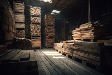 Lumber inside storehouse. Generative AI