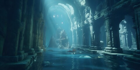 Obraz premium Underwater ocean ruins. Lost City of Atlantis. Crumbling deep sea diving exploration