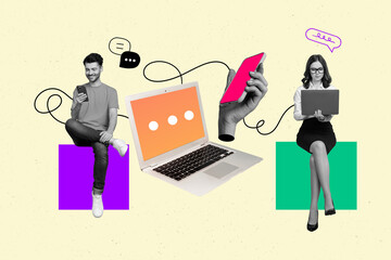 Discussion of two colleagues businesswoman partner chatting connection phone display screen laptop messenger isolated on beige background
