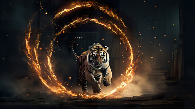 A big tiger jumping through rings of fire. Circus tiger is burning in flames. The fierce predator an angry tiger. Realistic 3D illustration. Generative AI