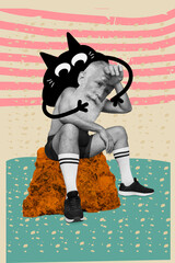 Photo collage picture of elderly sit tired sportsman athlete hardworking best physical form cat...