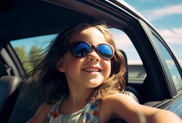Fototapeta na wymiar pretty woman in sunglasses rides in a travel car, generative ai