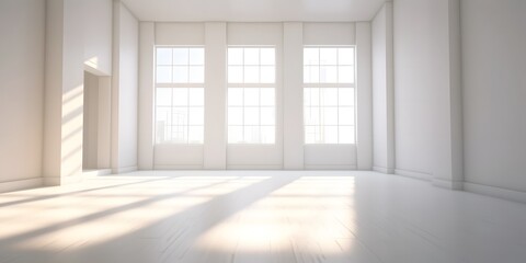 White minimalistic room with blank walls and sunlight streaming through windows. Sun rays and shadows background