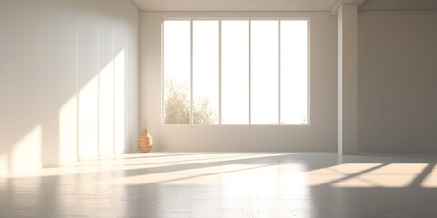 Fototapeta na wymiar White minimalistic room with blank walls and sunlight streaming through windows. Sun rays and shadows background