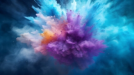 Fototapeta na wymiar Explosion of blue, aqua and violet dust in center canvas