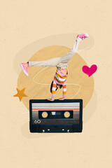 Vertical creative pinup pop 3d collage artwork of crazy ecstatic positive girl have fun dancing hip...