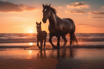 Obraz na płótnie Canvas horse and foal running together on the beach in a sunset, beautiful background, ai generated.