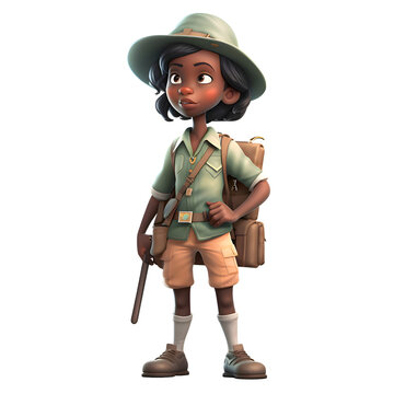 African american scout girl with backpack and hat - 3d rendering