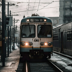 Obraz premium A train running into the station. Train in black and white. Railway track of the main station with an arriving train. Realistic 3D illustration. Generative AI