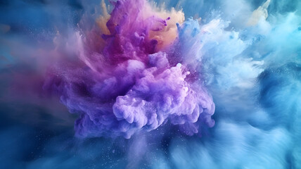 Fototapeta premium Explosion of blue, aqua and violet dust in center canvas