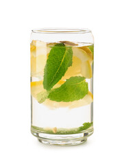 Glass of infused water with lemon and mint on white background