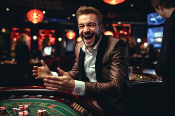 A man celebrating his good luck in the casino. Composite with different elements made with generative AI