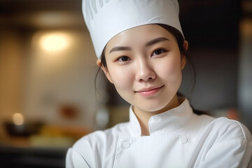Portrait of a proud chef in the kitchen of her restaurant.  Composite with different elements made with generative AI
