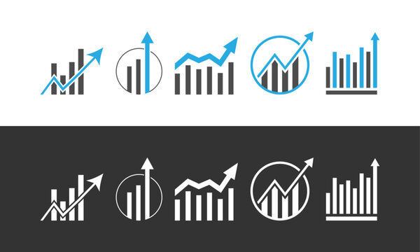 Illustration of a set of blue and white icons. Financial growth graph & chart for Successful Business company. 5 best qualities business infographic icons for the stock market,  investment and trading