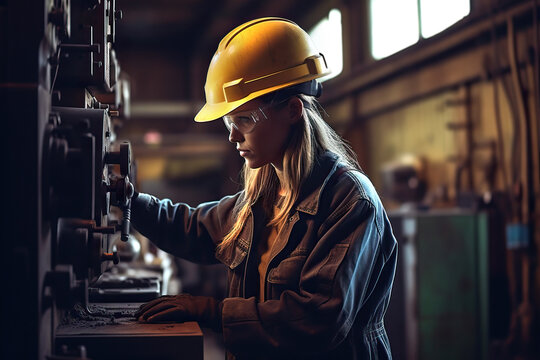 Woman working in a workshop in the manufacturing industry. Composite with different elements made with generative AI