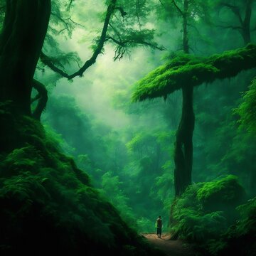 A lush, vibrant jungle of trees, with no one in sight, rendered in a sharp focus studio photo with intricate details and highly detailed textures.