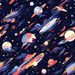 Fototapeta premium Planets in space cosmic cute cartoon seamless repeat pattern