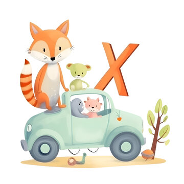 Cute cartoon fox and bear on a car with letter X.