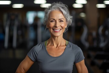 Portrait of smiling senior woman exercising in fitness studio at the gym - Powered by Adobe