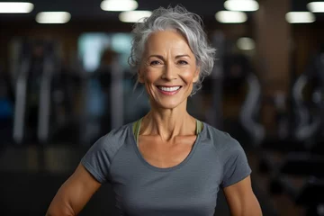 Stickers pour porte Fitness Portrait of smiling senior woman exercising in fitness studio at the gym