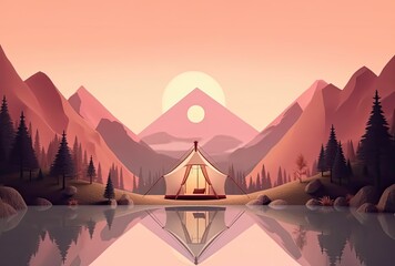 Illustration of a tourist tent near a mountain lake