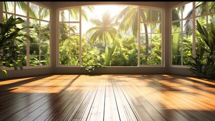 Wooden floor and huge French panoramic windows in a large room. AI generated. Tropical garden outside the window.