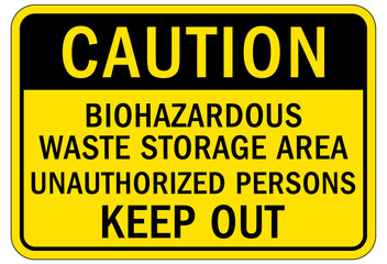 Biohazard warning sign and labels bio hazardous waste storage area. Unauthorized person keep out