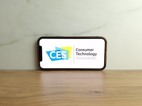 Konskie, Poland - June 17, 2023: CES Consumer Technology Association tech event logo displayed on mobile phone screen