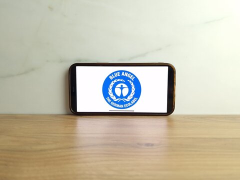 Konskie, Poland - June 17, 2023: Blue Angel German ecolabel logo displayed on mobile phone screen