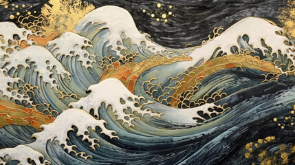 Water waves peacefully crash on dark background. Traditional Japanese illustration of nature's beauty