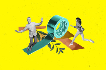 Creative template graphics collage image of funny couple using sticky carbon tape isolated colorful background