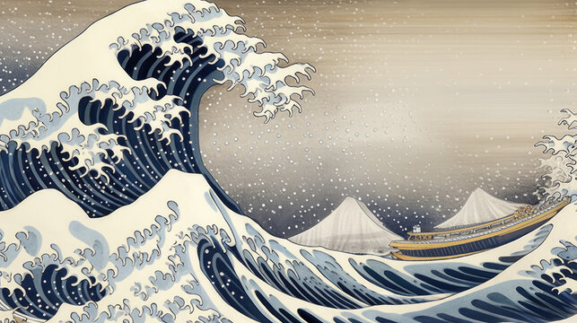 Great Japanese wave peacefully crashing on beige background. Tranquil illustration of nature's beauty